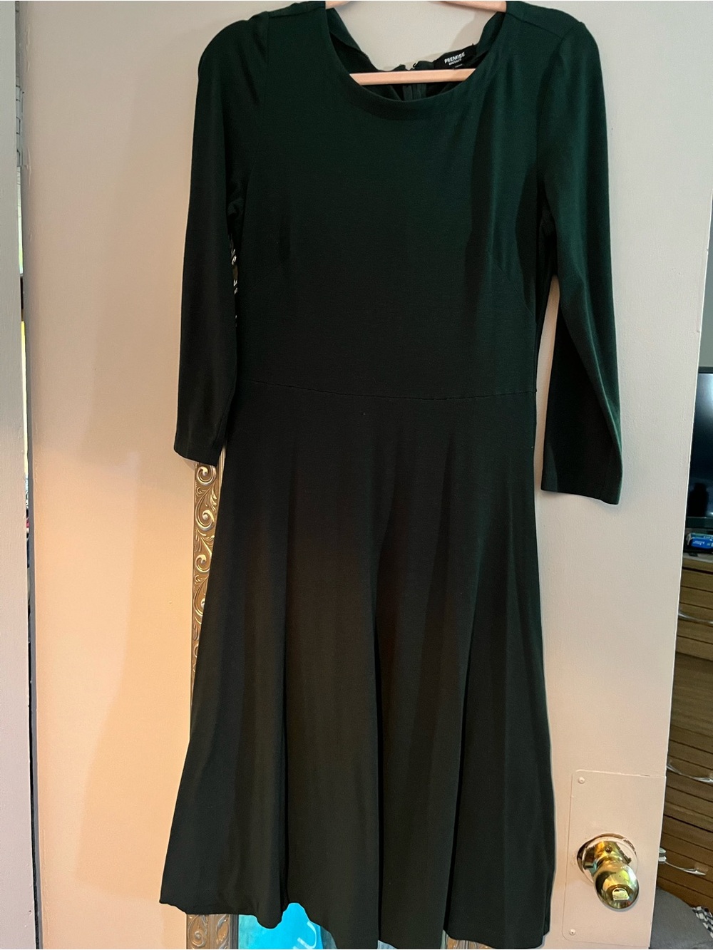 Premise Dark Green Long Sleeve Midi Fit-and-Flare Dress